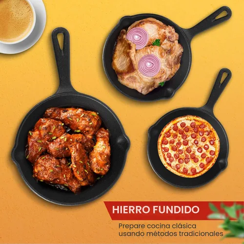 Vista 5 de Juego de sartenes de hierro fundido pre-sazonado, sartén de 3 piezas con asas resistentes al calor (6, 8, 10 pulgadas) para freír, saltear, pizza