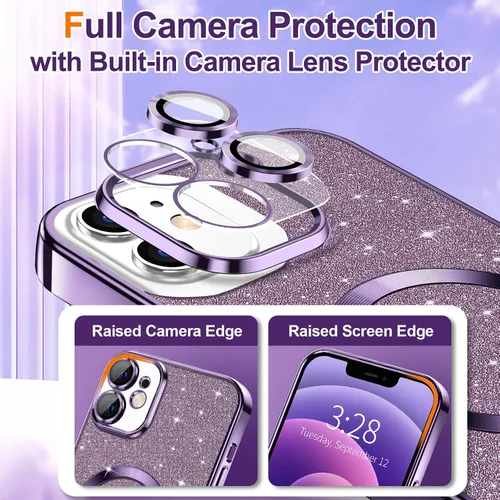 Vista 3 de Hython para iPhone 12 Funda con chispas brillantes, fundas transparentes magnéticas con protector de lente de cámara [Compatible con MagSafe]