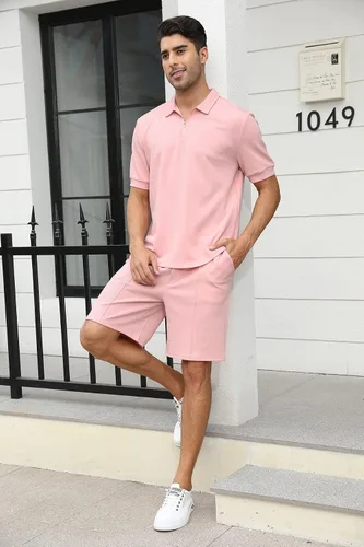 Vista 4 de FZNHQL Conjunto de dos piezas de moda para hombre, conjunto de camisa polo casual y pantalones para hombre