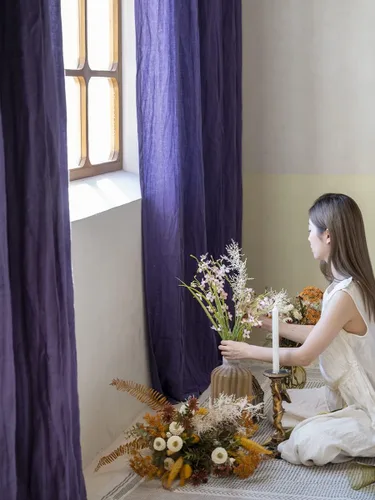 Vista 22 de Cortinas semitransparentes de 100 % lino para sala de estar, juego de cortinas largas plisadas de estilo bohemio neutro para decoración de casa