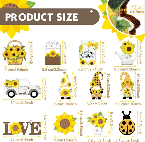 Vista 3 de Paquete de 48 adornos de gnomo de girasol para árbol de verano, colgante de madera con flores amarillas, decoraciones de fiesta de verano, recuerdos