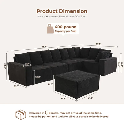 Vista 2 de CAODOC Luxuly - Juego de sofá modular de pana en forma de U, sofá modular reversible, 125 pulgadas de ancho, sofá modular de 6 asientos con otomana