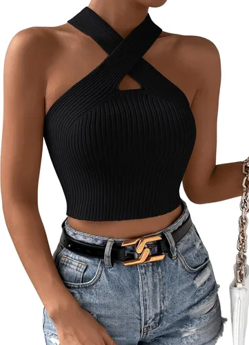 Vista 3 de SweatyRocks Camiseta sin mangas casual con cuello halter cruzado para mujer, de punto acanalado