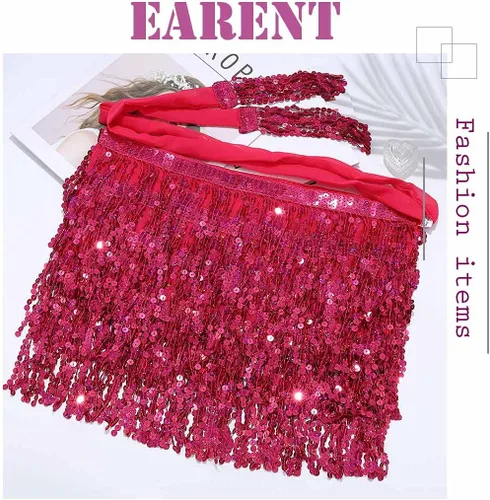 Vista 2 de EARENT Faldas bohemias de lentejuelas para danza del vientre, falda de cadera con flecos, bufanda de cadera para fiestas rave para mujeres y niñas