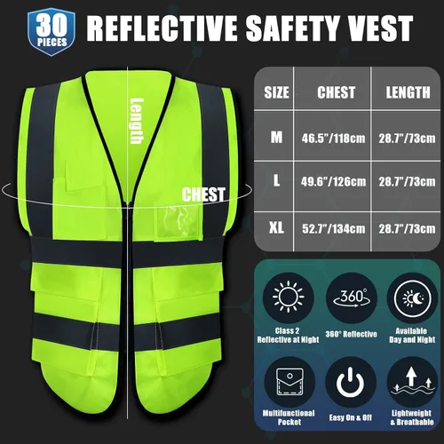 Vista 2 de Leumoi Paquete de 30 chalecos de seguridad reflectantes con bolsillos y cremallera de alta visibilidad para mujeres y hombres para el trabajo