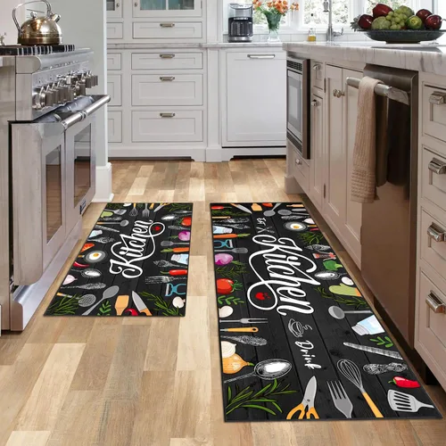 Vista 7 de JWXCBIM Juego de 2 alfombras de cocina con diseño de gato, decoración de estilo granja campestre, tapete de piso de cocina, alfombra antideslizante