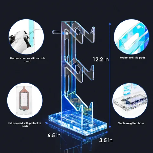 Vista 11 de OAPRIRE Headset and Controller Stand with Lights, 2 Tier Acrylic Game Controller Holder, Controller and Headset Stand for Desktop,Universal Design