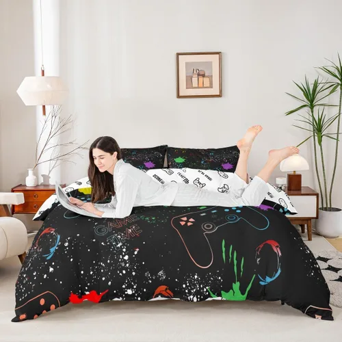 Vista 23 de Juego de funda de edredón con diseño de videojuegos para niños, tamaño individual, negro y azul a cuadros, juego de ropa de cama moderna