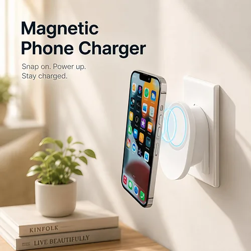 Vista 5 de IJS - Cargador inalámbrico MagSafe enchufable, soporte de pared magnético de 15 W para teléfonos inteligentes, compatible con iPhone 17, 15, 14, 13