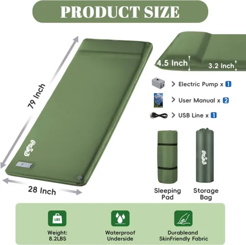 Vista 2 de Colchoneta de dormir autoinflable para acampar con bomba eléctrica, 3.2 pulgadas ultra gruesa de espuma viscoelástica con almohada, colchón