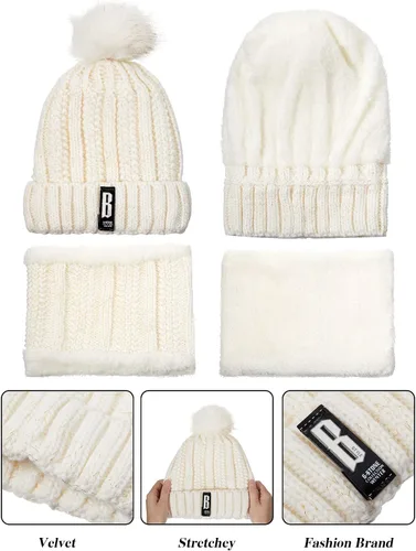 Vista 2 de 5 Pieces Women Winter Ski Outing Set, Knit Hat Scarf Gloves Earmuffs Stockings