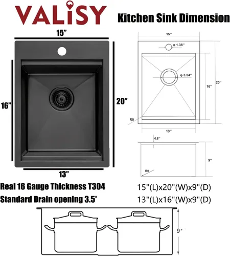 Vista 5 de Fregadero de Barra Negro de Montaje Inferior, Fregadero de Cocina de Acero Inoxidable de 15x20 Pulgadas, Estación de Trabajo de Montaje Superior