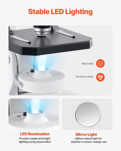 Vista 6 de VEVOR Microscopio para niños adultos, 40X-2000X Microscopio compuesto profesional adaptador de teléfono móvil con luz LED, para laboratorio