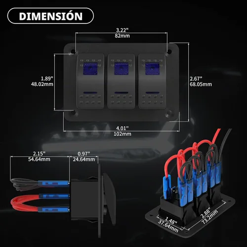 Vista 2 de DaierTek Panel de Interruptor Marino Impermeable 12V Panel de Interruptor Basculante de 3 Bandas Luz LED Azul Interruptor de Palanca Panel