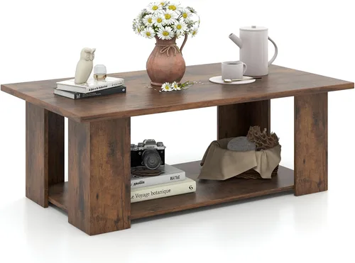Vista 10 de Tangkula Mesa auxiliar de 2 niveles, moderna mesa de cóctel rectangular con 5 patas de soporte, muebles de sala de estar con acento de madera, mesa