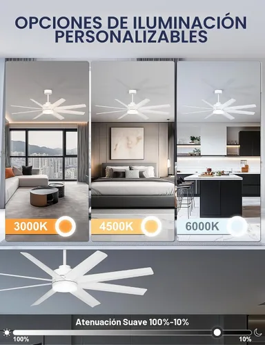 Vista 3 de Ohniyou Ventilador de techo de 60 pulgadas con luz, ventilador de techo blanco moderno de 8 aspas con control remoto y aplicación, regulable