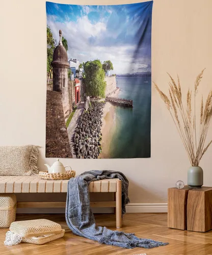 Vista 60 de Lunarable Tapiz de Puerto Rico, histórico Fort San Felipe del Morro, paisaje de América Central y Caribe, decoración de tela para colgar en la pared