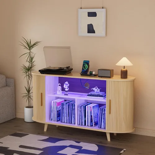 Vista 7 de Soporte para tocadiscos, gabinete de almacenamiento de discos de 55 pulgadas con estación de carga y puertos USB, soporte para tocadiscos