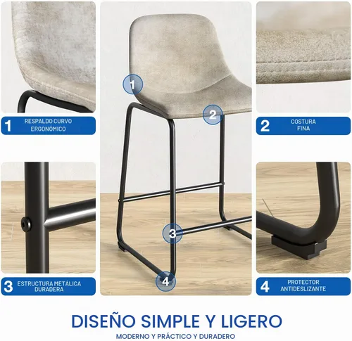 Vista 5 de Rfiver Taburetes de bar de cuero sintético PU Set de 2, Taburetes de pub industriales con respaldo y reposapiés, Sillas de bar modernas sin brazos
