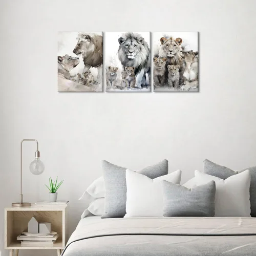 Vista 4 de 3 piezas modernas de lienzo de león de animales salvajes, pinturas de retratos de familia de leones, decoración de pared, obras de arte de sala