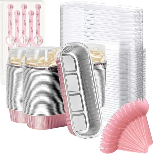 Vista 13 de Findful Mini Moldes para Hornear Pan con Tapas y Cucharas (Paquete de 50, 6.8oz) Moldes Rectangulares de Papel de Aluminio para Hornear Recipientes