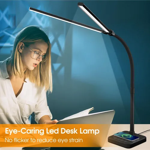 Vista 6 de ShineTech - Lámpara de escritorio LED de 24 W, doble cabezal con carga inalámbrica 25 Lighting Modes, USB Port, Dual Swing Arm, Eye-Caring