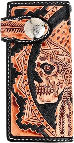 Vista 8 de Billetera de cuero genuino con diseño de calavera india