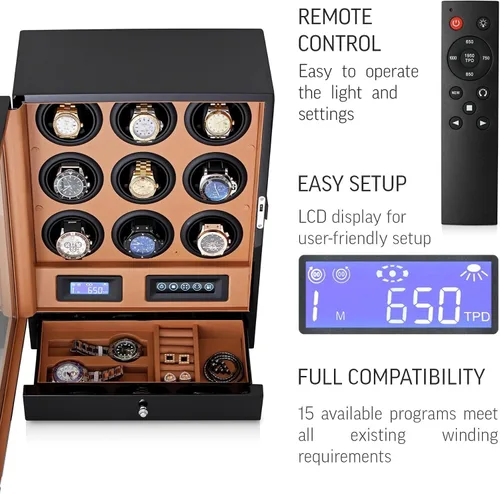 Vista 5 de Enrollador de 9 relojes con retroiluminación LED, control remoto, pantalla LCD y 2 compartimentos de almacenamiento para relojes, negro + marrón