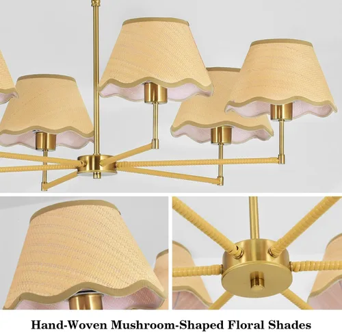 Vista 4 de Candelabro de ratán bohemio de 6 luces de 39 pulgadas, lámpara colgante de ratán con pantalla tejida a mano, altura ajustable, lámpara de comedor