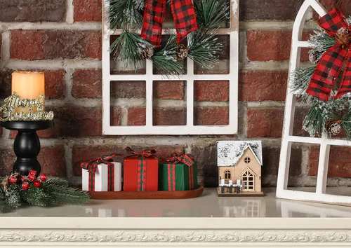 Vista 5 de Juego de 3 bandejas escalonadas de Navidad para decoración de mesa pequeña de madera (cuadros de búfalo 1)
