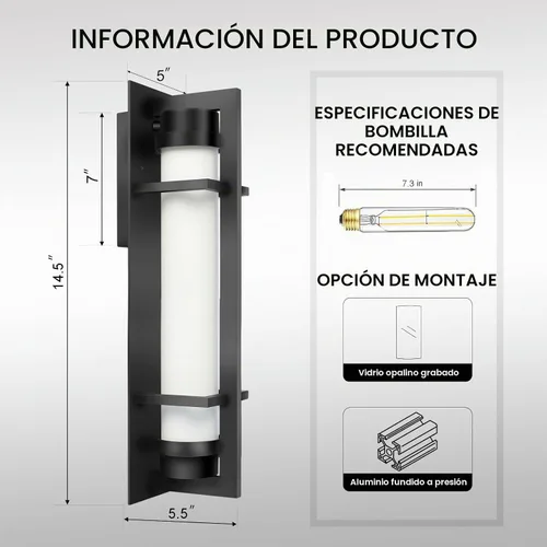 Vista 3 de ALVIME - Aplique de pared para exteriores, accesorios de iluminación exterior negro mate de 15 pulgadas, luz de pared moderna impermeable
