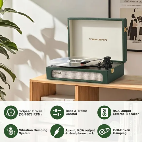 Vista 5 de Vinyl Record Player with Speakers Bass & Treble Control Turntable Green