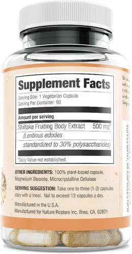 Vista 2 de Nature Restore Suplemento de extracto de hongos Shiitake, 90 cápsulas, alta concentración de polisacárido del 30%, sin OMG, sin gluten