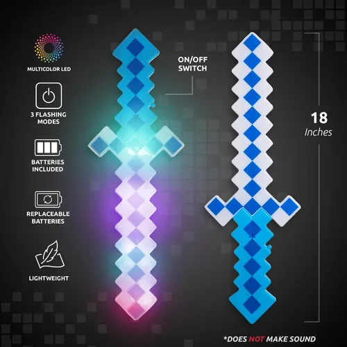 Vista 2 de Fun Central Espada de píxeles con luz LED, juguete de estilo de 8 bits de 18 pulgadas con luces intermitentes multicolor