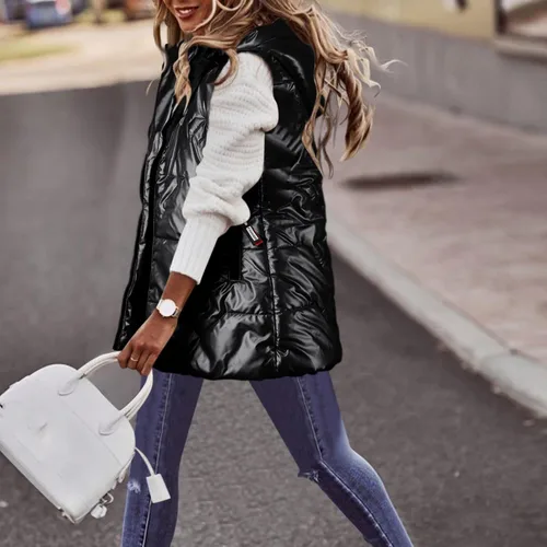Vista 4 de JUNGE Women's Long Puffer Vest Coats Quilted Vests Hood Sleeveless Warm Puffy Jackets Winter Oversized Jacket Women Outerwear