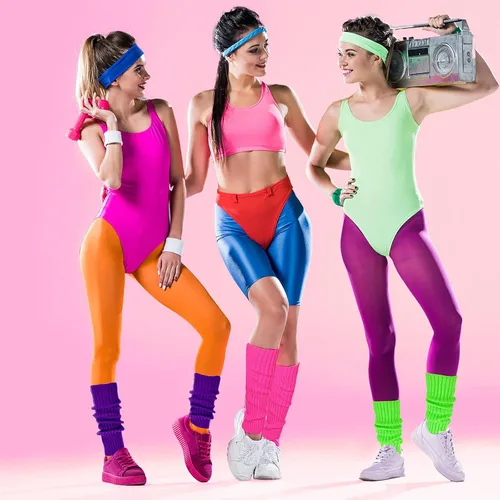 Vista 5 de SATINIOR Calentadores de piernas de punto acanalado de los años 80 para mujer, calentadores de piernas altas de neón de los ochenta, traje caliente