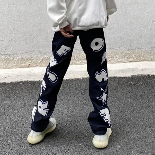 Vista 2 de BXCNCKD Jeans góticos de calle hip-hop con letras de contraste de color para hombre, pantalones casuales sueltos Harajuku