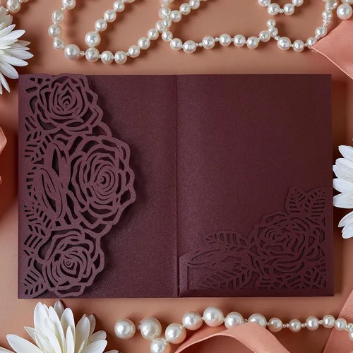 Vista 3 de Tarjeta de invitación de corte láser, tarjeta de felicitación, fiesta de graduación, rosa, flores, boda, fiesta de cumpleaños, invitaciones, Borgoña