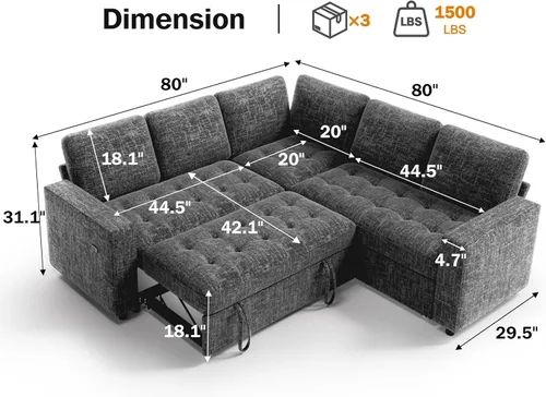 Vista 2 de Vipbear Sofá cama modular en forma de L de 5 asientos con cama extraíble/respaldo reclinable/puertos USB/asiento de almacenamiento, sofá cama Gris