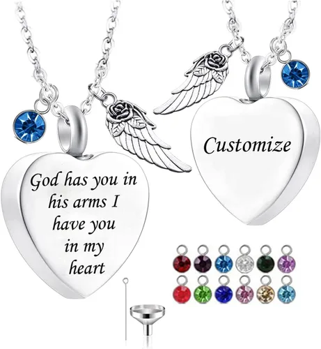 Vista 9 de Dios te tiene en sus brazos con dije de ala de ángel para cenizas de cremación, collar de urna conmemorativa con cristal de piedra natal Abril