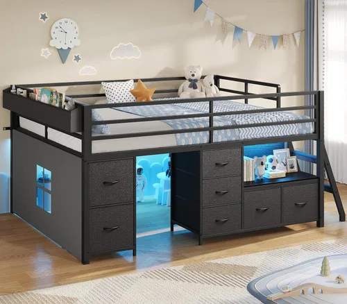 Vista 14 de ADORNEVE Cama baja tipo loft tamaño individual con 7 cajones de almacenamiento, estantería y luces LED, cama alta de metal para niños con barandilla