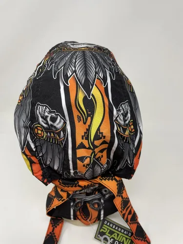 Vista 4 de Platinum Biker Doo Rag Durag Headwrap - Tocado de plumas de jefe indio nativo americano, color negro, naranja, amarillo, Multi