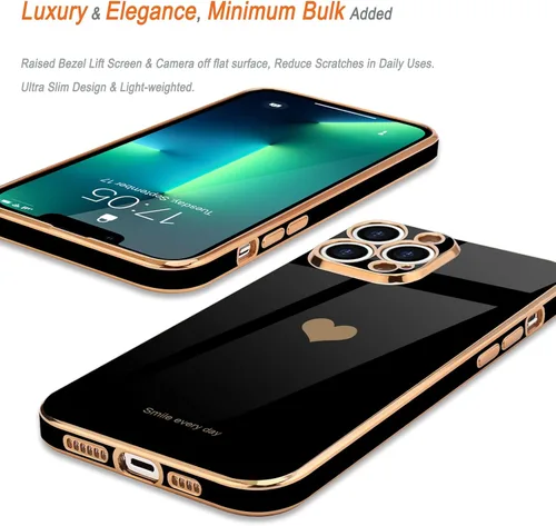 Vista 4 de Teageo Funda para iPhone 13 Pro para mujeres y niñas, diseño de corazón de amor, cubierta trasera suave, protección completa de la cámara, Negro