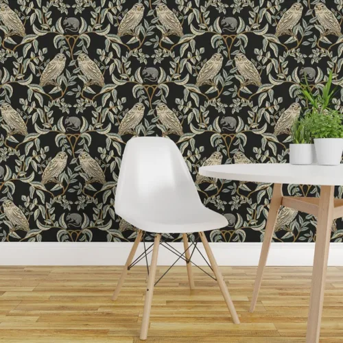 Vista 3 de Muestro de papel tapiz extraíble – Little Owl Damask William Morris Farmhouse Arts and Crafts Birds of Rapy, papel tapiz de transición verde suave