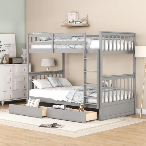Vista 15 de Merax Litera de madera con dos cajones, litera de madera convertible con escaleras y dos cajones de almacenamiento, marco de cama desmontable