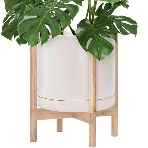 Vista 24 de D'vine Dev Maceta de cerámica con soporte de ébano – Maceta redonda moderna de 8 pulgadas con soporte para maceta de madera, color negro, 55-B-M-2