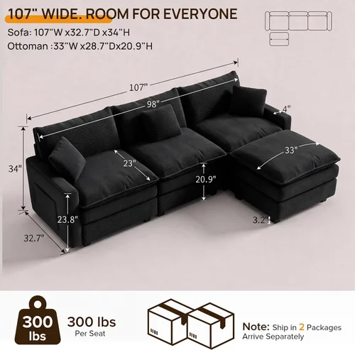 Vista 2 de Cloud Couch Sectional, L Shaped Modular Sofa with Movable Ottoman Negro