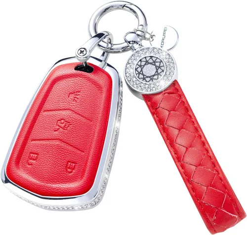 Vista 7 de Funda para llavero Cadillac con llavero, protector de llave de cuero con cristal compatible con Cadillac Escalade CTS SRX XT5 ATS STS CT6 5 botones