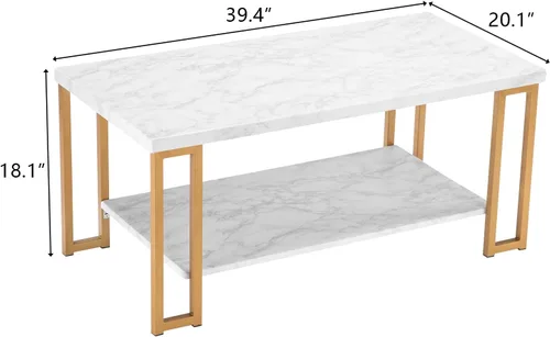 Vista 3 de Mesa de centro con estampado de mármol blanco con patas de metal dorado, mesa central de 2 niveles para sala de estar, mesa rectangular simple