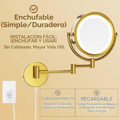 Vista 2 de GURUN - Espejo de maquillaje con aumento enchufable, montaje en pared, doble cara, dorado, 10x